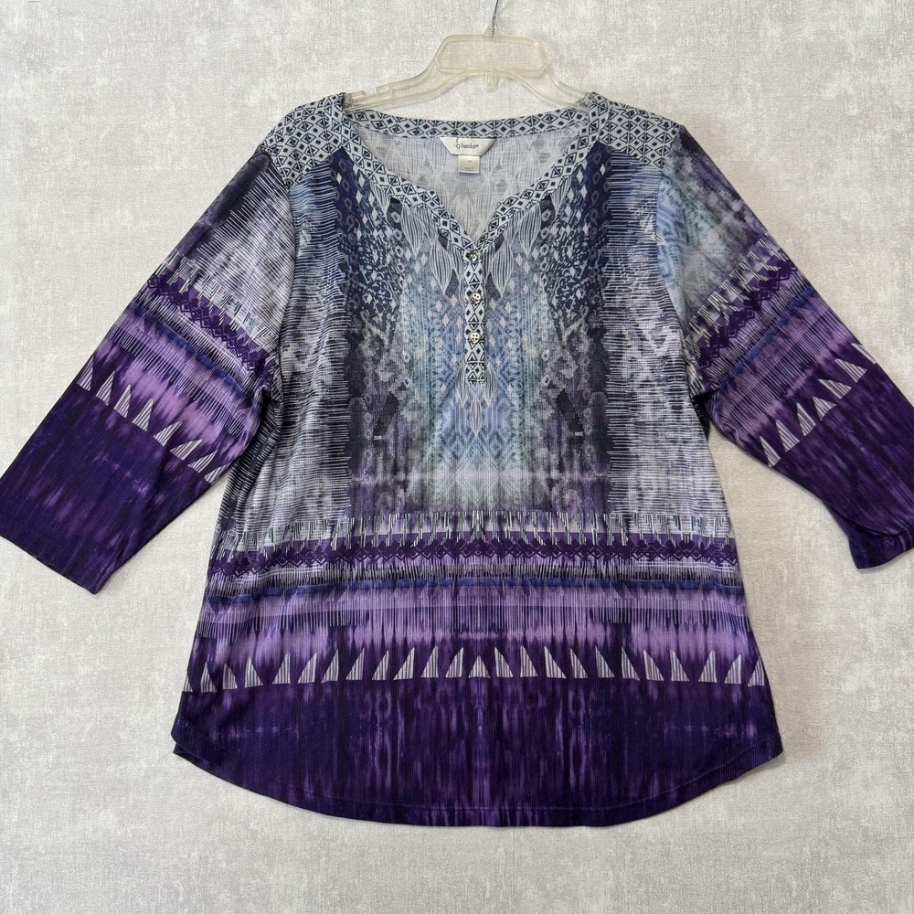 CJ‎ Banks Blouse Womens 1X Purple Geometric V Neck 3/4 Sleeve Tunic Top Plus